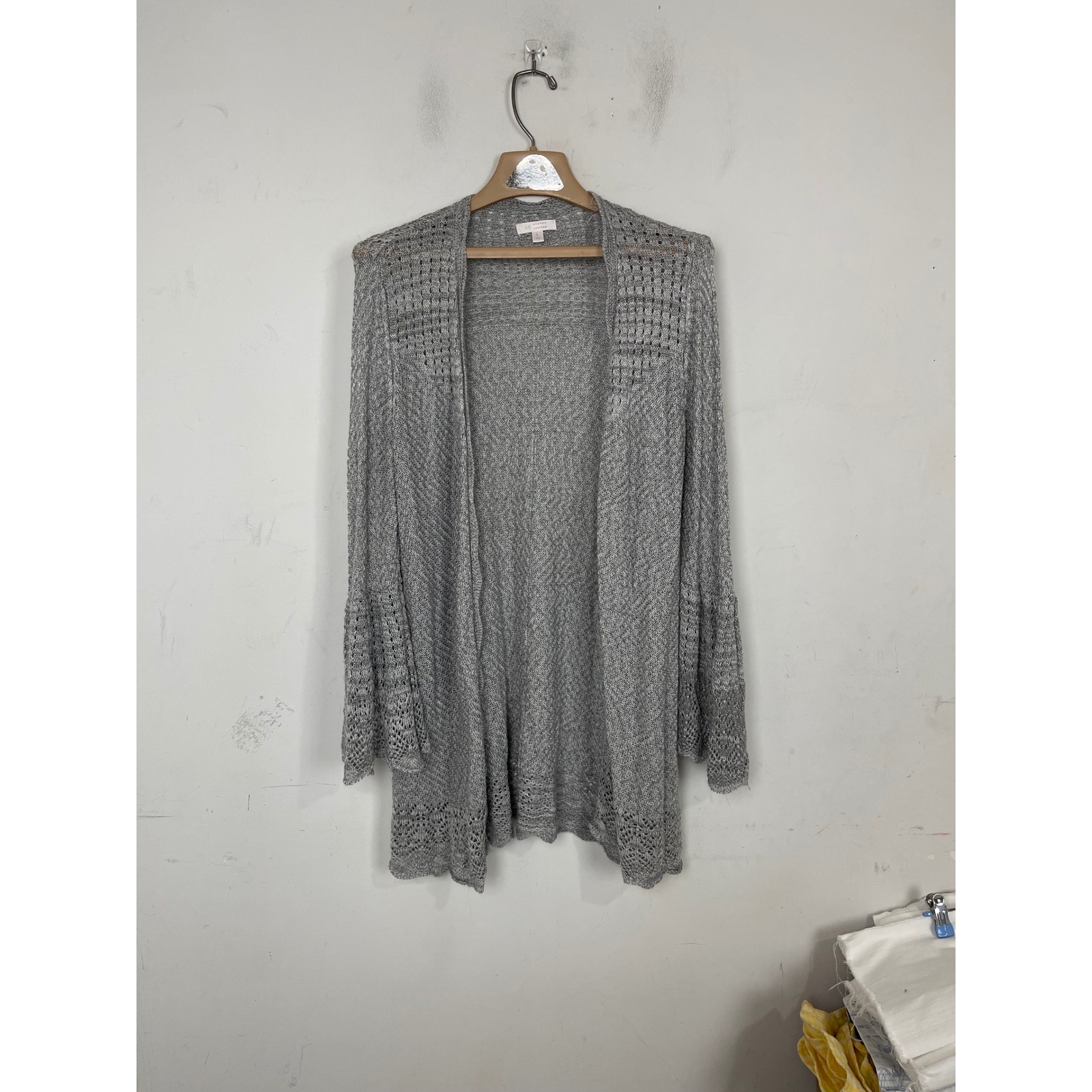 Lc Lauren Conrad Womens Grey Pointelle Open Front Cardigan Bell Sleeve L 144581